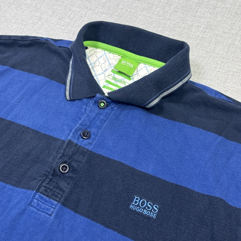 HUGO BOSS Polo‎ Shirt Mens XL Blue Striped Short Sleeve Cotton Contrasting Trim